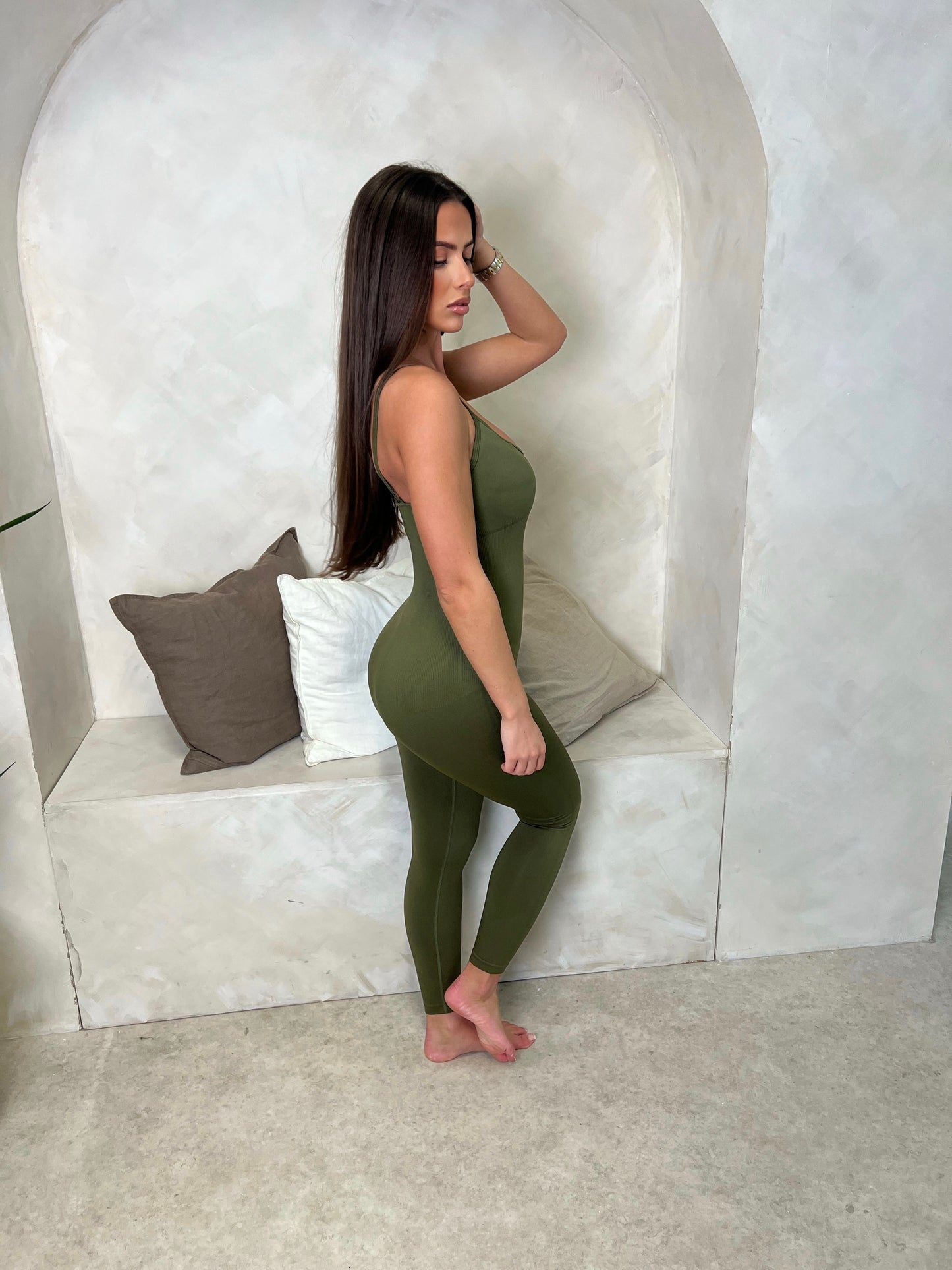 Khaki jumpsuit mini strap